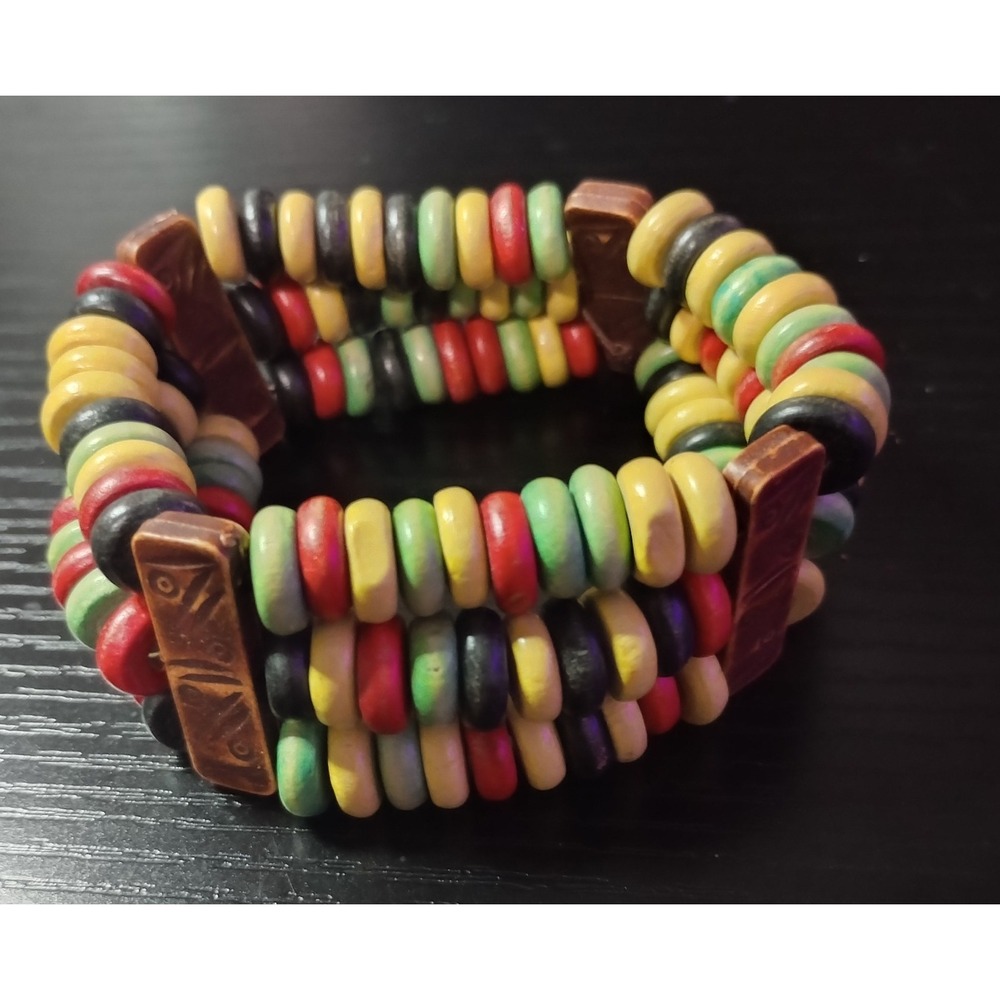 Colorful Rasta Wooden Bead Stretch Bracelet